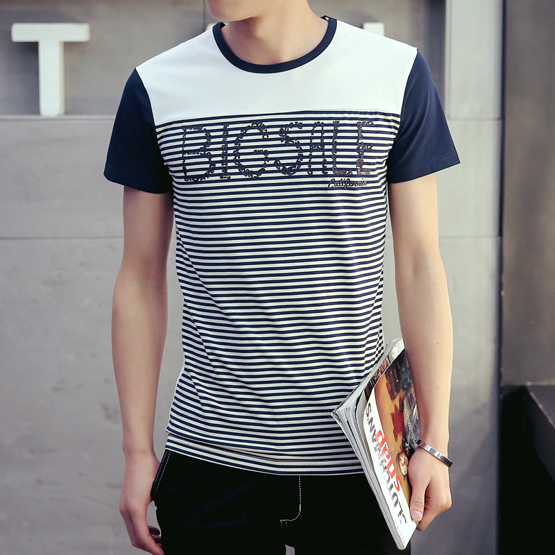 夏季男士韩版撞色T恤圆领修身个性短袖T恤衫青少年男学生休闲潮