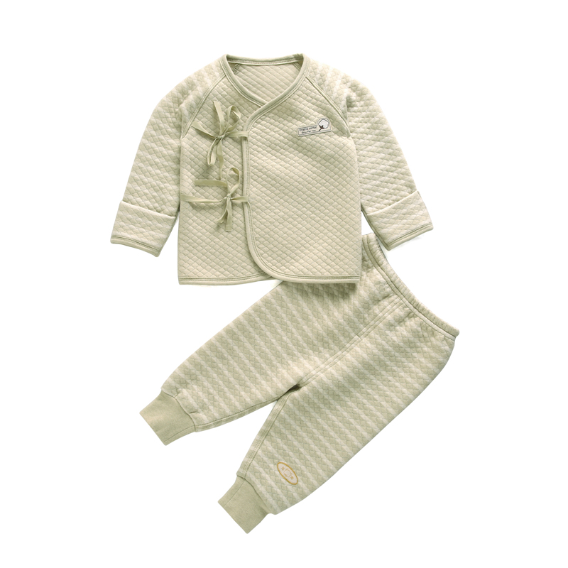 婴儿服装秋冬季加厚 新生儿夹棉套装 宝宝有机彩棉2件套