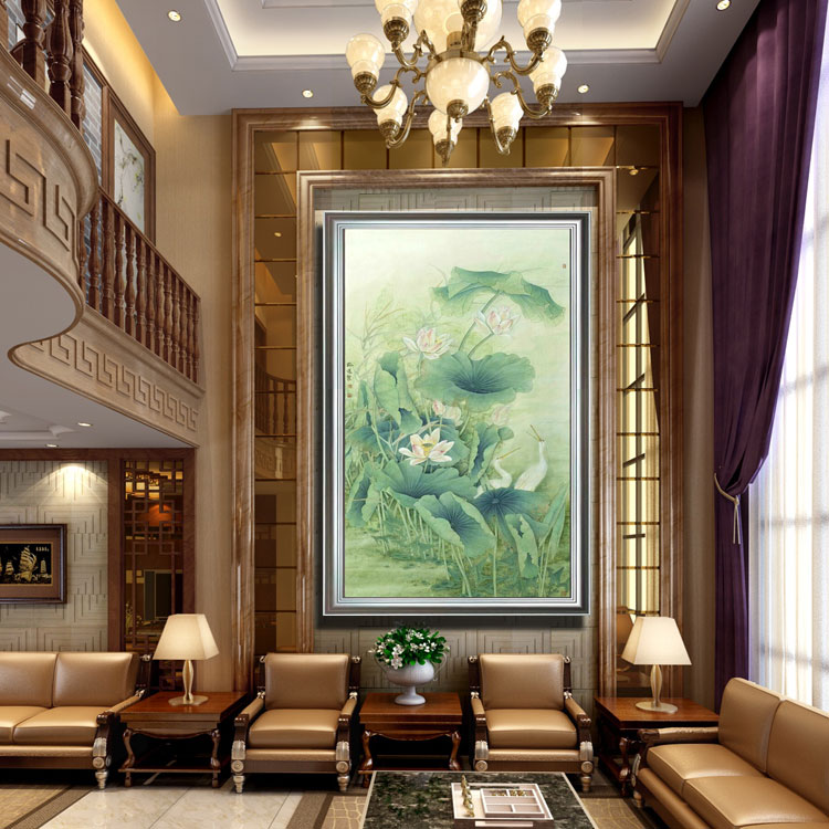 纯手绘工笔油画荷花现代新中式客厅玄关过道书房装饰画 竖版挂画