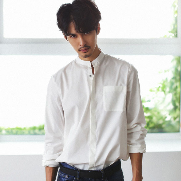 韩国代购男装立领衬衫长袖宽松纯色小领白衬衫韩版男纯棉休闲衬衣
