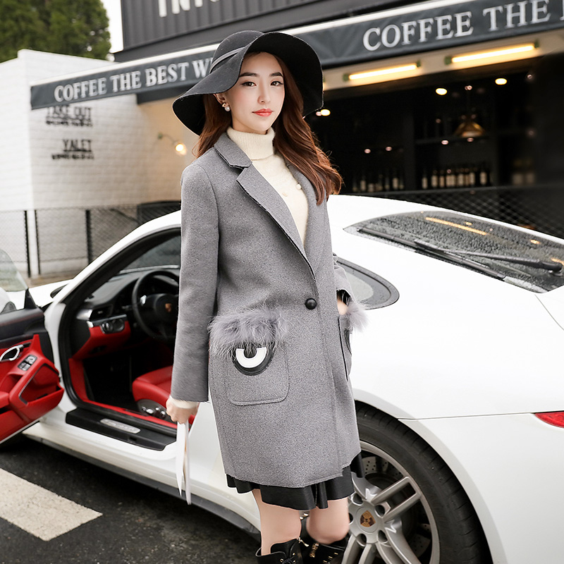 包邮2015韩版时尚女装新品中长款毛呢外套修身一粒扣羊绒呢子大衣