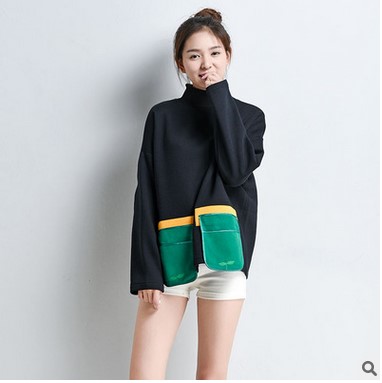 2016新款春装韩版女装绿色大口袋大码宽松卡通卫衣潮上衣外套百搭