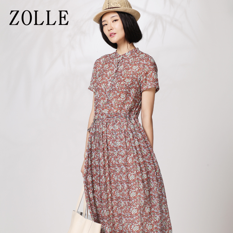ZOLLE因为2015夏装新款圆领短袖中长款松紧腰文艺复古碎花连衣裙