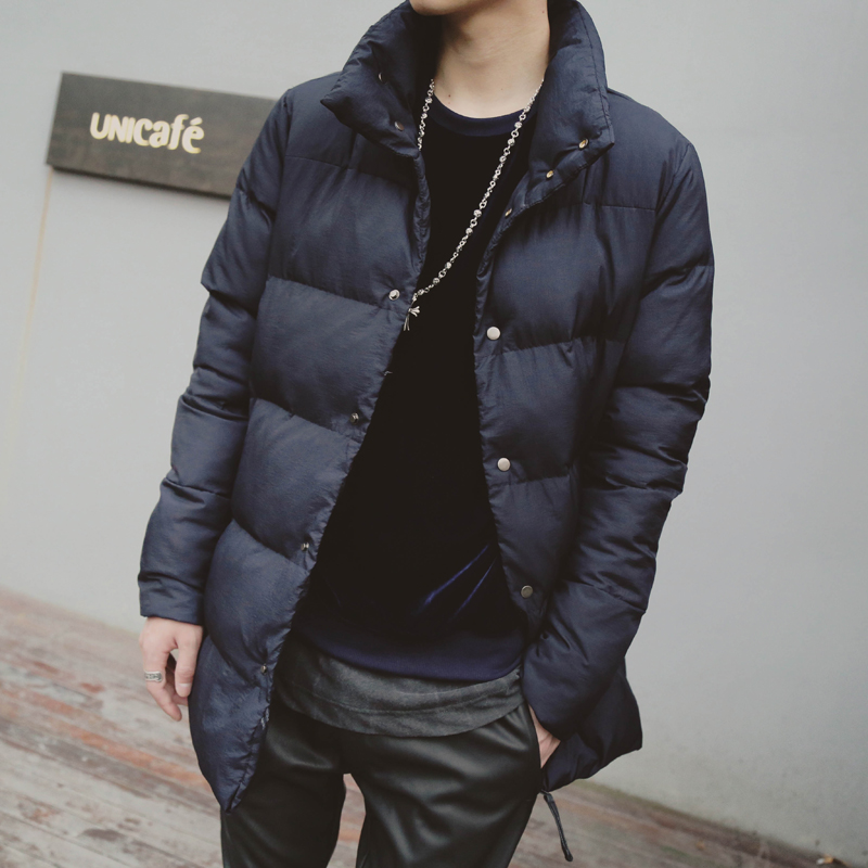冬季新款韩版男士藏青简约长中款保暖休闲棉衣外套