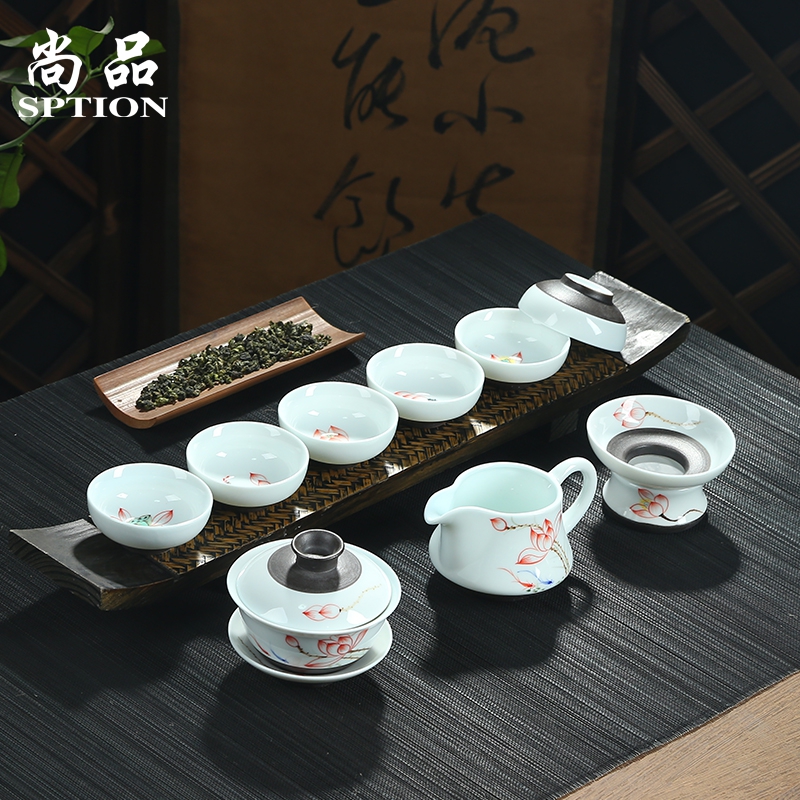 茗品汇手绘龙泉青瓷 功夫茶具整套装 陶瓷茶碗 茶杯茶海茶盘特价