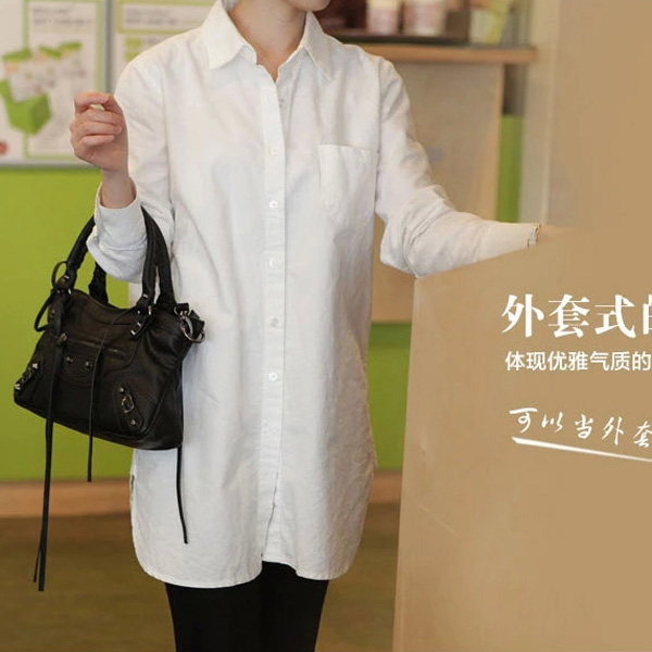 韩国东大门春装新款女装棉麻白衬衫中长款宽松长袖大码女式衬衣潮