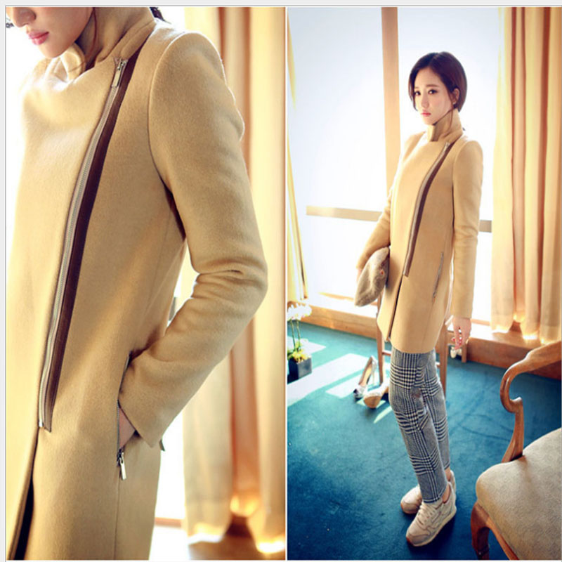 2015韩版女装冬款斜拉链宽松大码夹棉加厚毛呢新款时尚大衣外套女