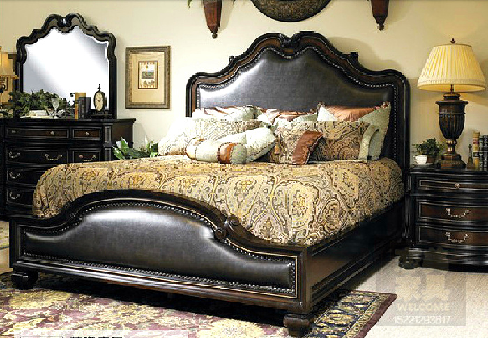 美式做旧床法式雕花实木高背软床双人床婚床复古做旧实木床可定制