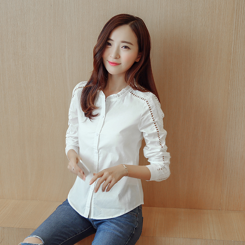 秋季新款韩版女装时尚镂空花边修身纯白色学生无领长袖衬衫女上衣