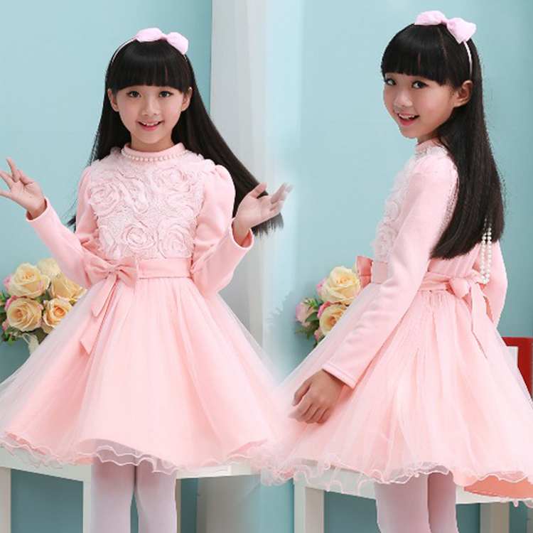 韩版女童连衣裙秋冬装加厚加绒中大童公主裙儿童不倒绒礼服长袖