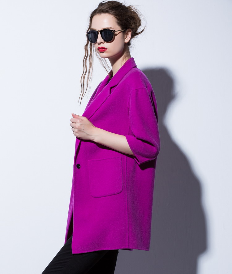 2015冬季新款纯色粉色进口澳毛手工双面绒羊绒大衣 中长款 外套女