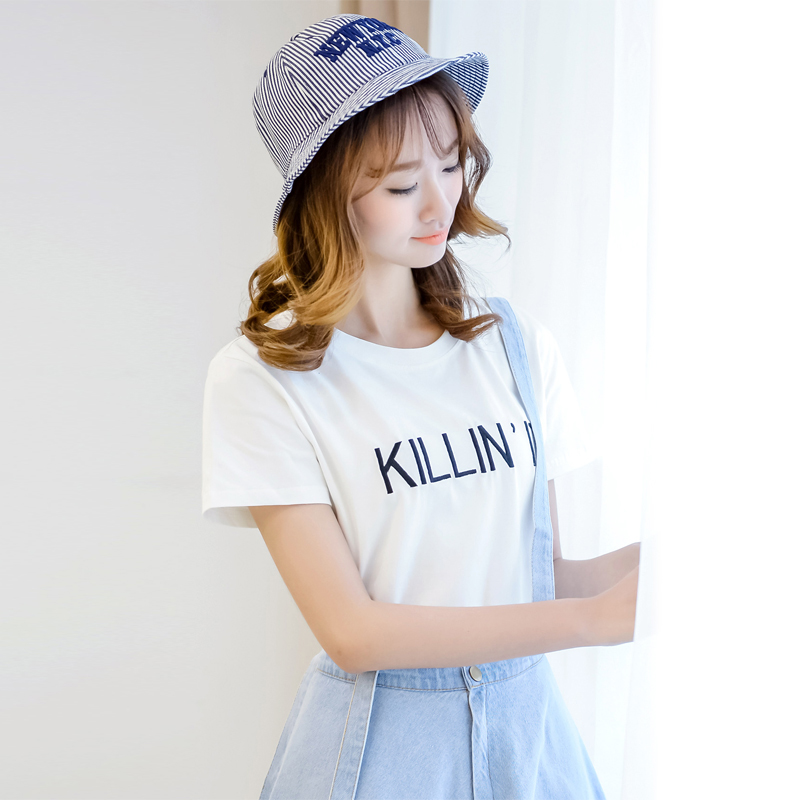 短袖女夏T恤2015新品韩版女装圆领短袖刺绣字母直筒打底衫504T638