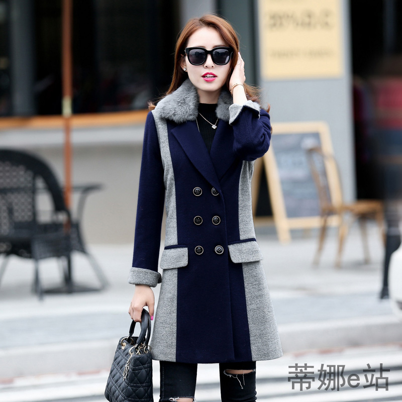 2015冬季新款女装 韩版气质拼接撞色双排扣长袖毛呢外套风衣大衣