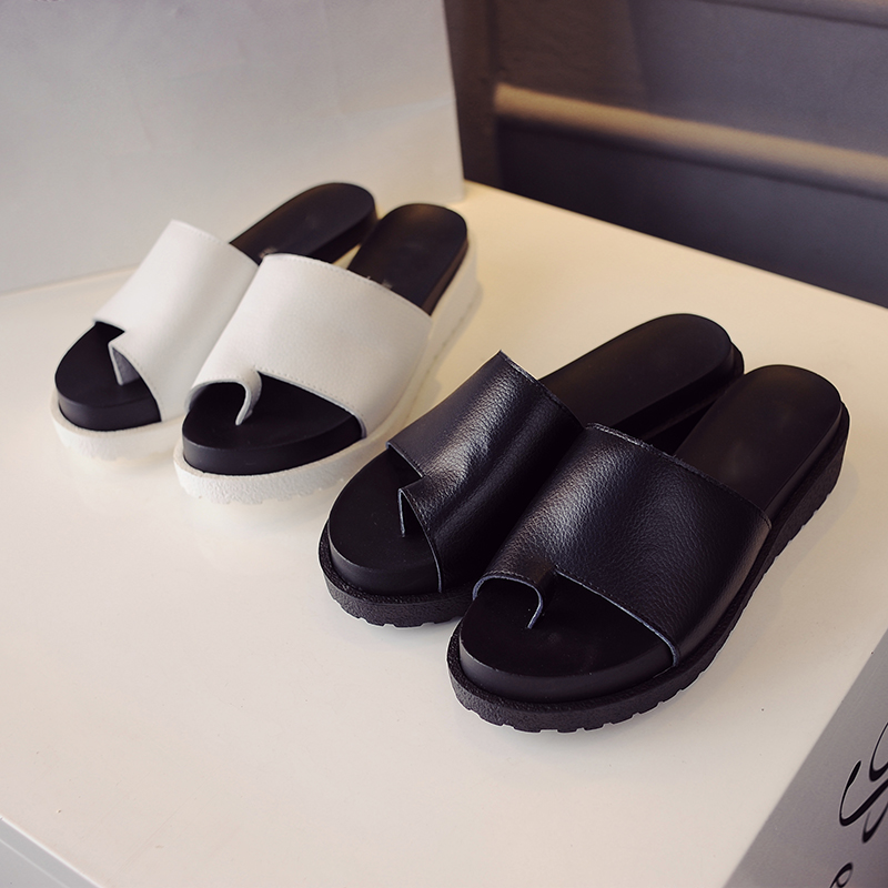 2016夏季简约一字型拖鞋黑白两色成人厚底舒适露趾凉鞋C0g12aMe