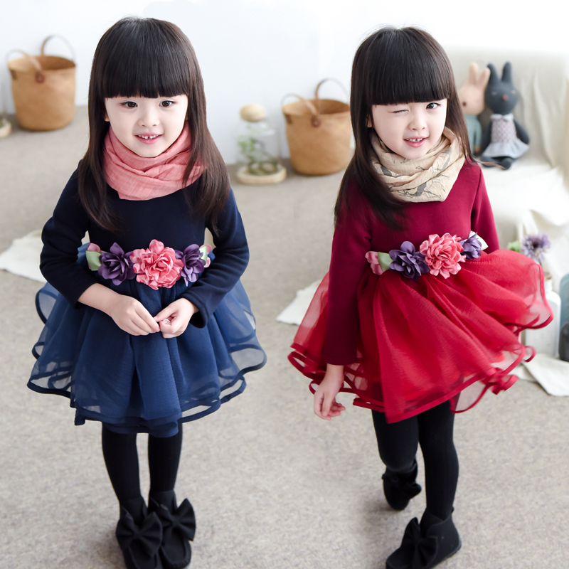 童装女童长袖连衣裙2015韩版新款儿童秋装宝宝拼接款花朵公主裙潮
