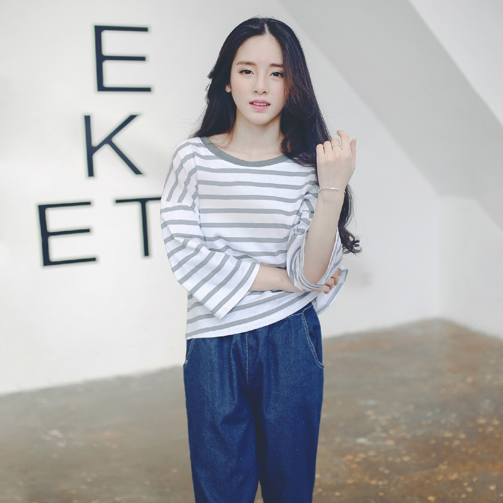 2015韩国东大门女装代理秋冬季新款七分袖条纹宽松纯棉T恤
