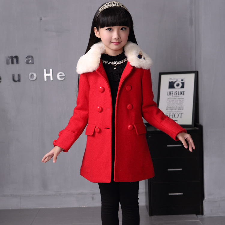 2015新款韩版时尚双排扣 可拆毛领 呢子大衣 女童外套
