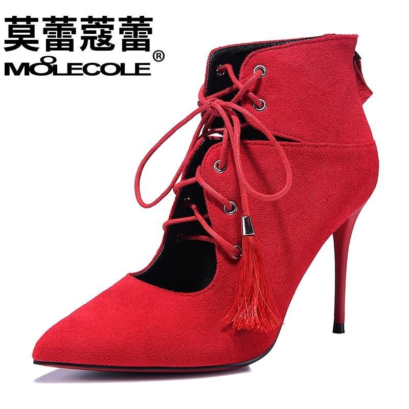 MOOLECOLE/莫蕾蔻蕾欧美秋季新款交叉绑带高跟鞋尖头细跟绒面女靴
