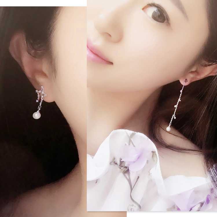 日韩国925纯银针耳环长款星星耳钉女士时尚气质不对称珍珠小饰品
