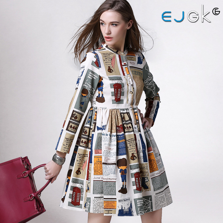EJGK原创2015秋冬欧美时尚爆款高端女装纯棉个性印花中长款连衣裙