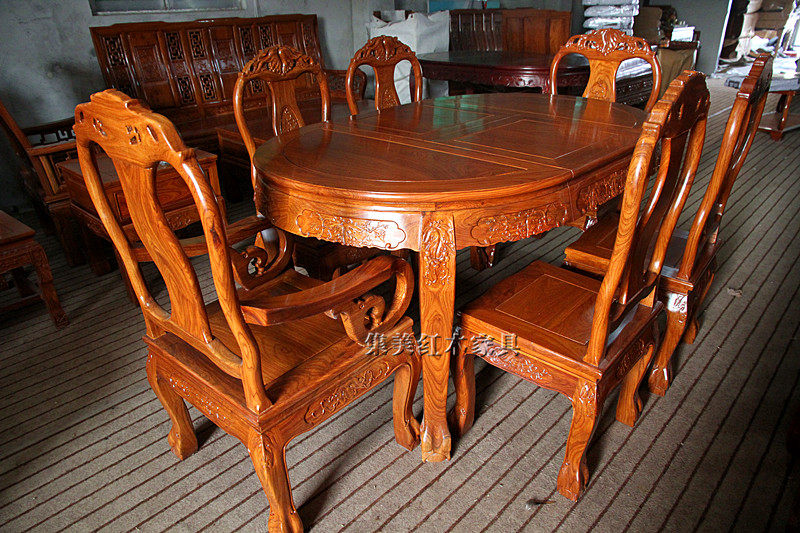 集美红木家具红木餐桌实木饭桌椭圆形可伸缩带六椅100%刺猬紫檀木