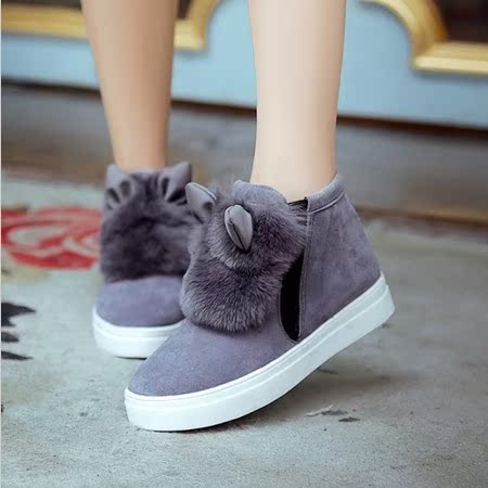 韩版新款女鞋秋冬季学生加绒保暖单鞋真兔毛高帮鞋兔耳朵平底短靴