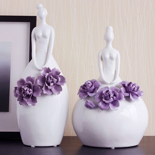 热销 现代陶瓷紫色捏花仕女摆件 创意家居装饰美女人物工艺摆设品