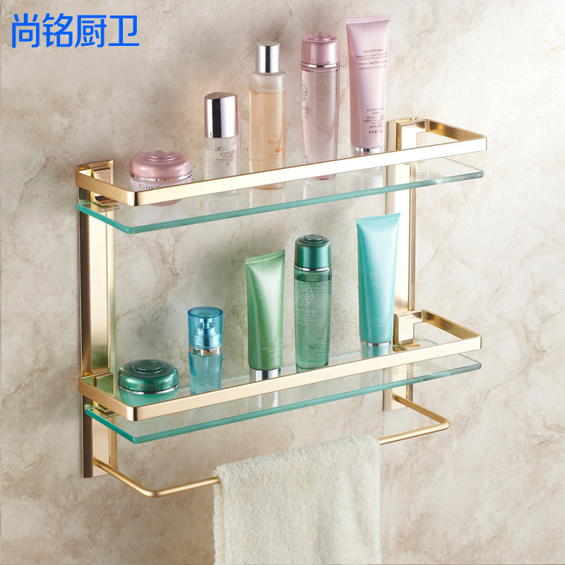 欧式金色浴室置物架玻璃架卫生间玻璃置物架带毛巾杆壁挂化妆台架
