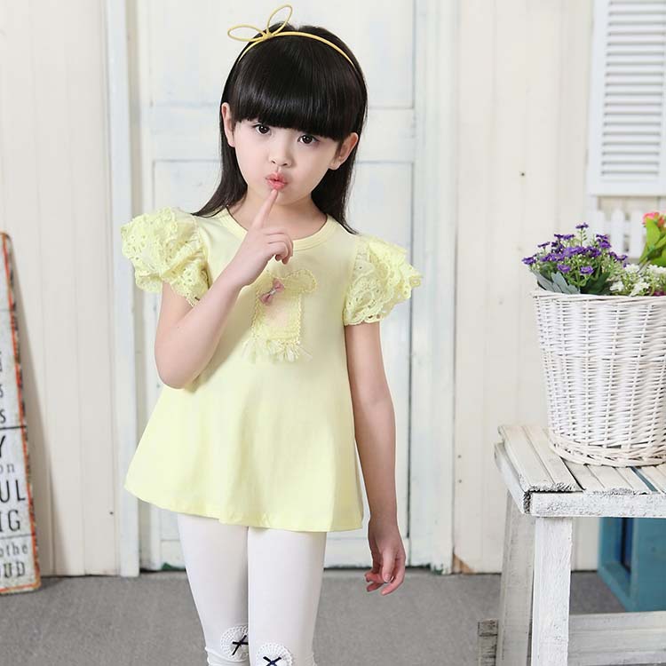 2016韩版女童短袖夏款童装纯棉针织开衫儿童蕾丝花边T恤泡泡袖T恤