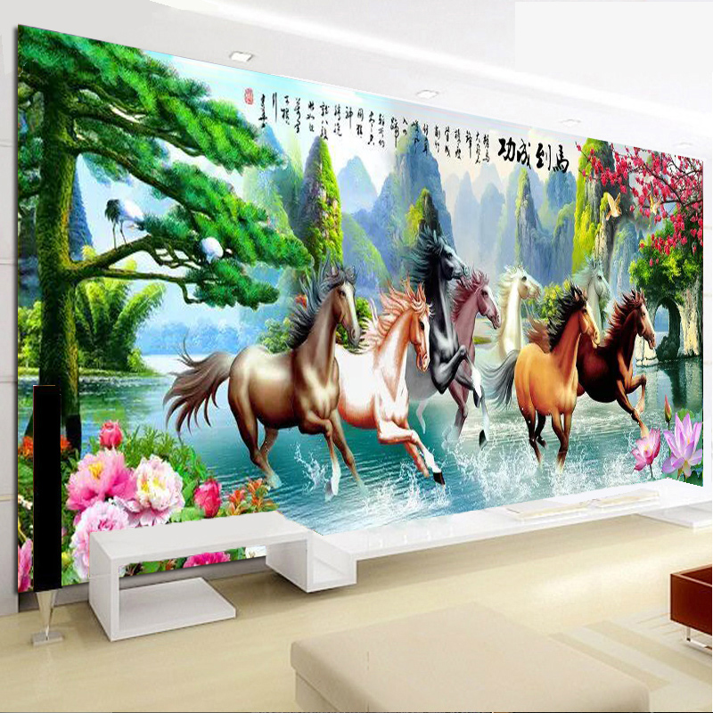 印花八骏图十字绣马到成功2米最新款风景客厅八匹马2.5山水画系列