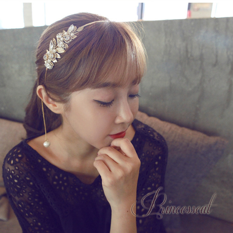 princesscat 韩国进口 金色树叶珍珠宝石串珠 珍珠耳坠发箍