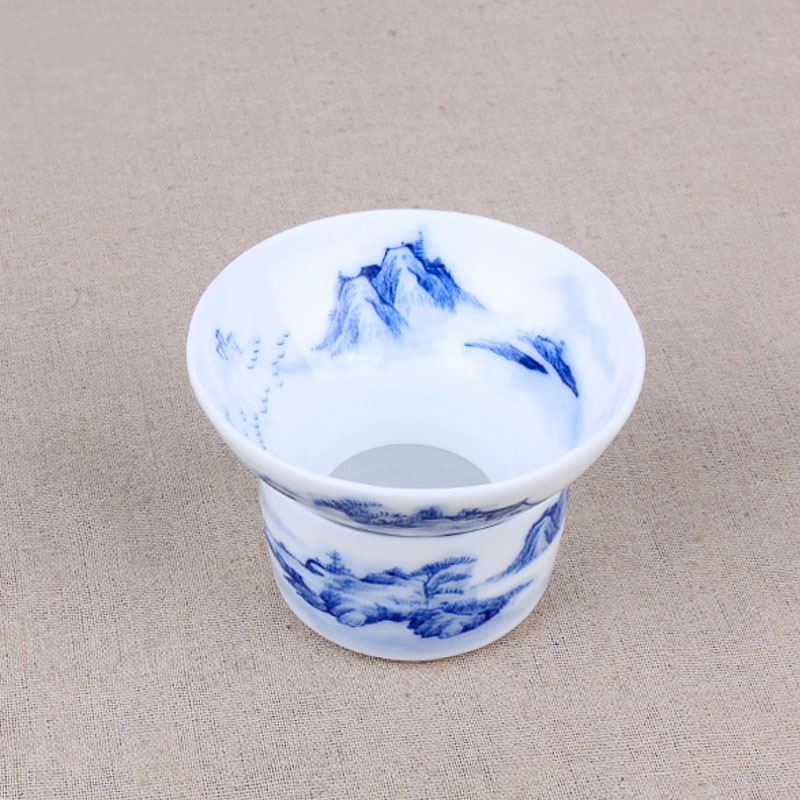 茶之器手绘青花瓷 茶滤 细工山水 陶瓷茶漏 网托带底座 茶具配件