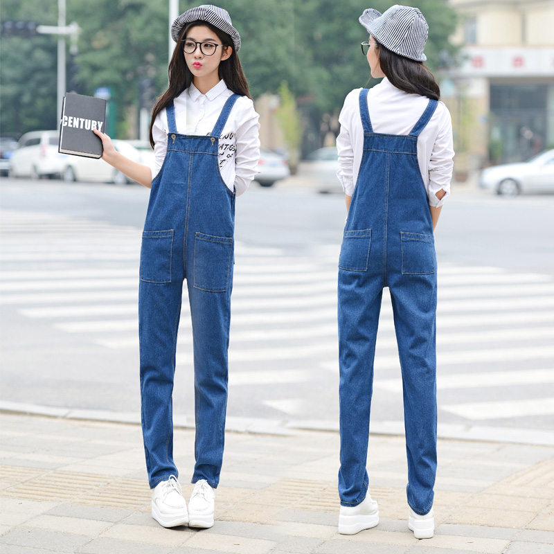 2015秋季新款韩版时尚个性大口袋牛仔背带裤牛仔长裤宽松牛仔裤潮