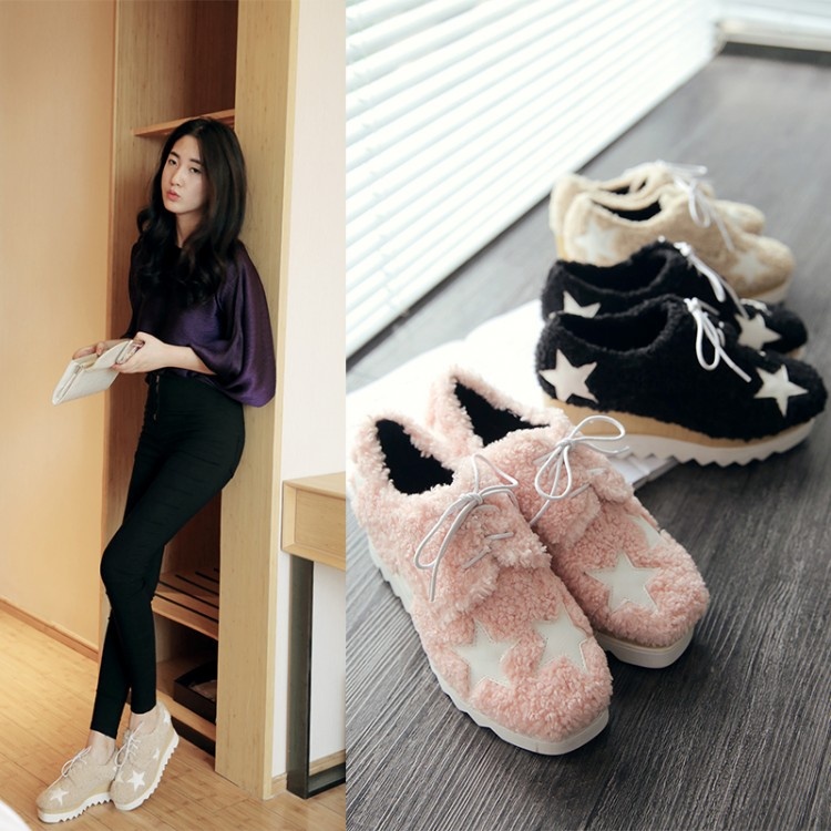 韩版甜美正品坡跟低帮鞋女方头松糕防水台小星星单鞋毛毛女鞋子
