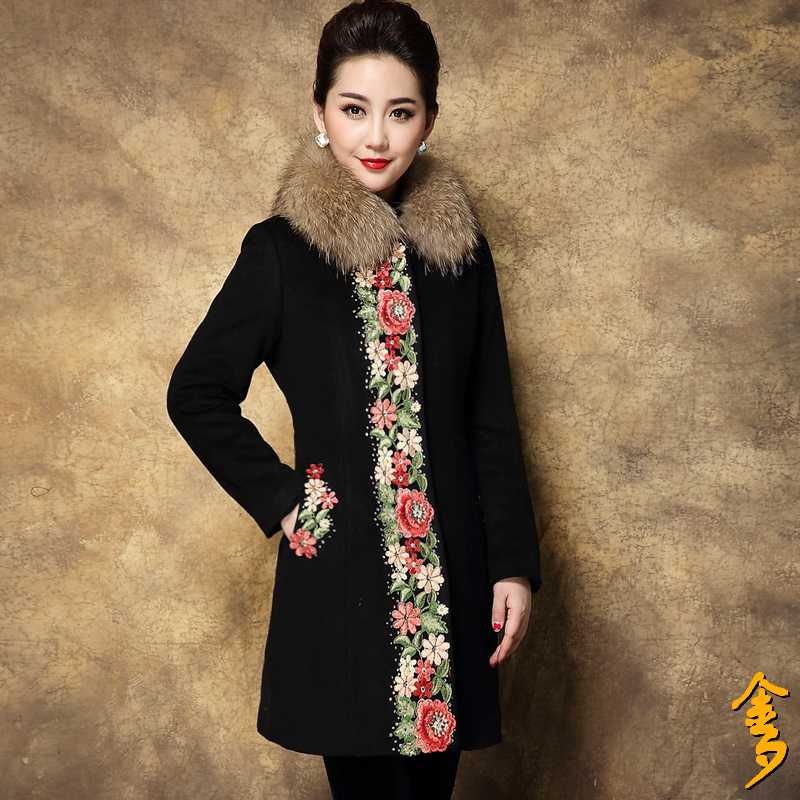 中国风中老年女装羊毛大衣中年大码妈妈装加厚毛呢外套中长款夹棉