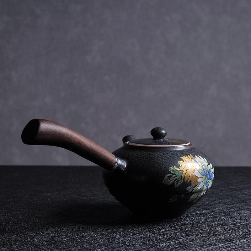 日式茶壶侧把壶粗陶黑檀木柄横把壶功夫茶具带过滤泡茶器清雅凝