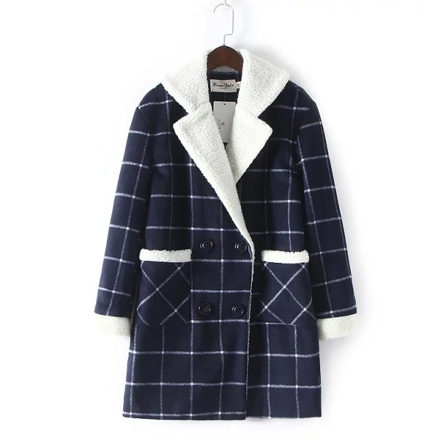 2015冬装 新款女装韩版时尚格子印花羊羔绒翻领夹棉外套毛呢大衣