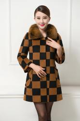 狐狸毛领羊绒大衣女2015冬新款中长款修身格子羊毛呢外套