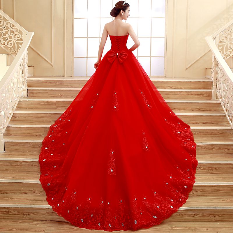 婚纱礼服2015新款齐地韩式修身显瘦新娘结婚红色抹胸长拖尾秋冬季