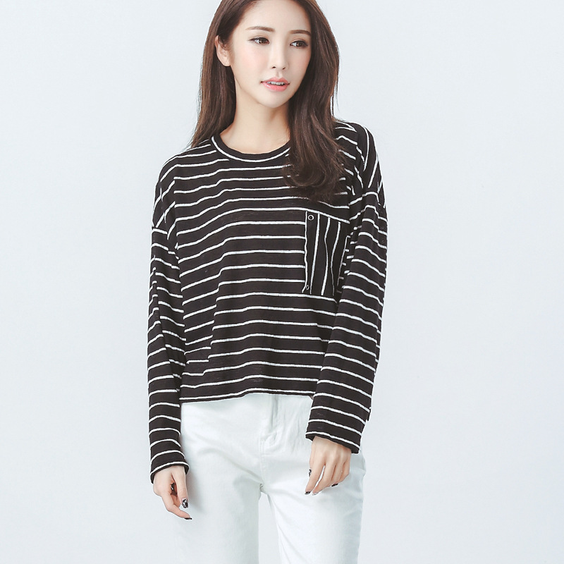 2016春夏季新款韩版修身显瘦黑白条纹针织料百搭圆领长袖女式T恤