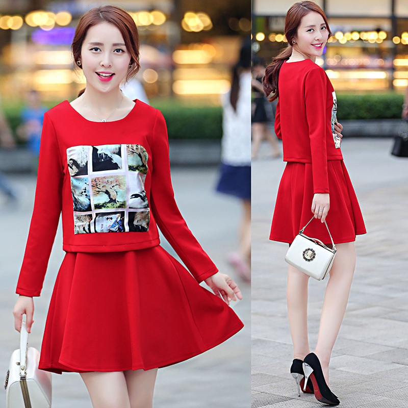 2015秋装新款韩版女装大码印花长袖上衣两件套修身套裙连衣裙潮