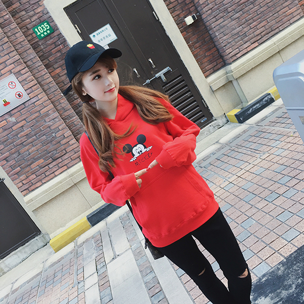2016秋装新款韩版棉米奇印花长袖套头卫衣女连帽学生上衣外套帽衫