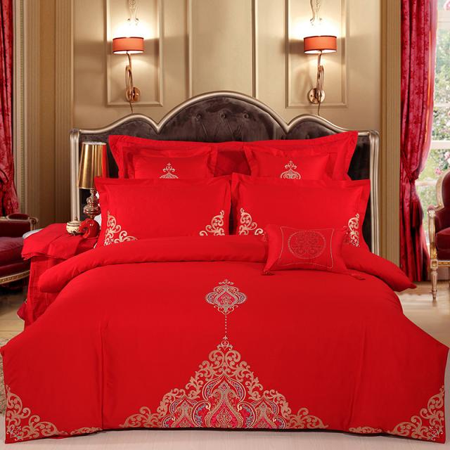 皇家婚礼大红结婚婚庆全棉彩绣床上用品四件套，特价包邮