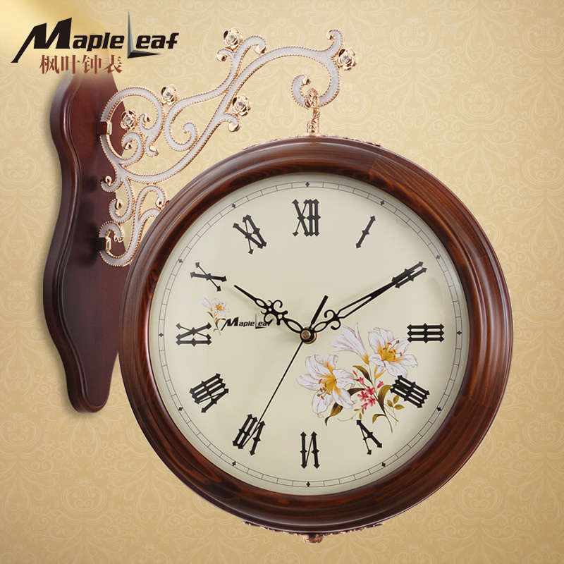 枫叶实木钟表欧式双面挂钟客厅白色静音时钟创意两面钟简约个性表