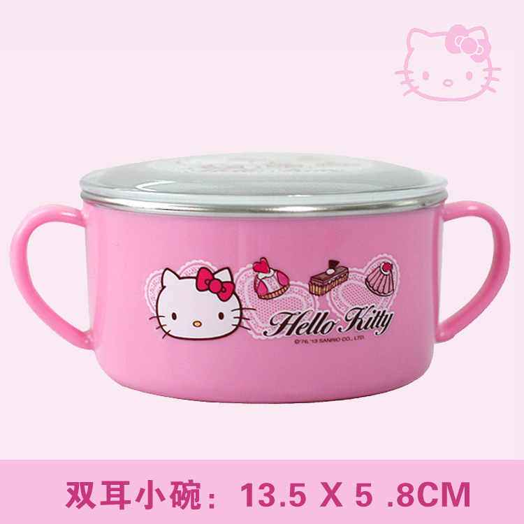 韩国进口乐扣hello kitty宝宝餐具儿童不锈钢碗带盖婴儿双耳碗