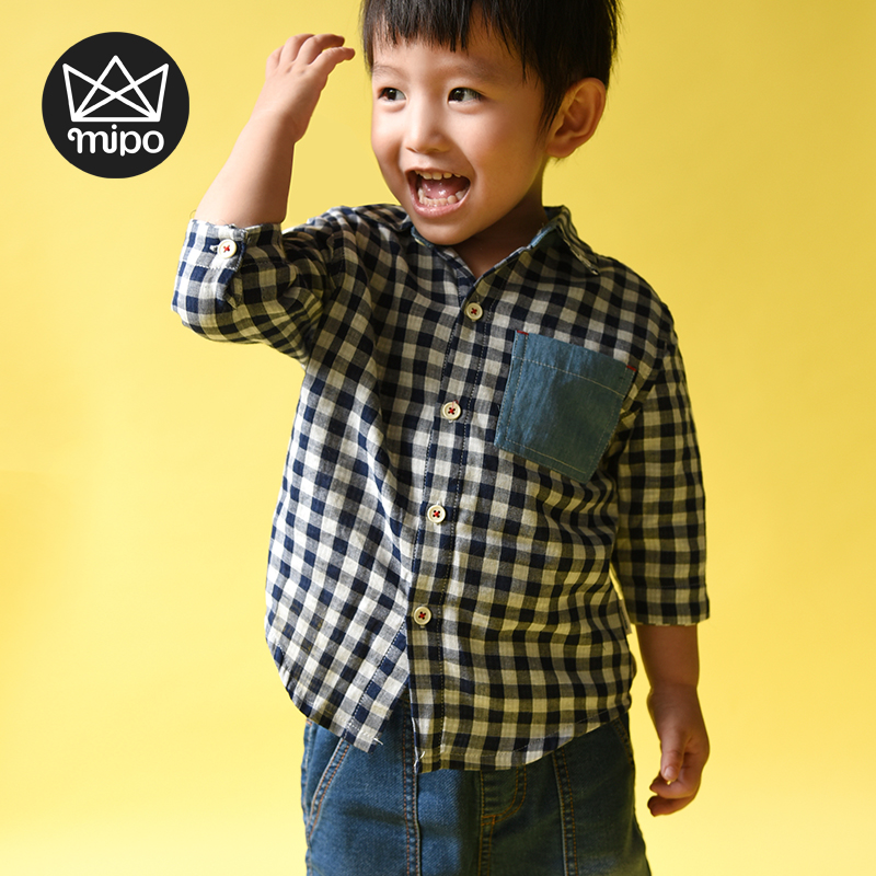 mipo男宝宝格子衬衫短袖春秋红小童纯棉男童中袖贴布衬衣儿童上衣