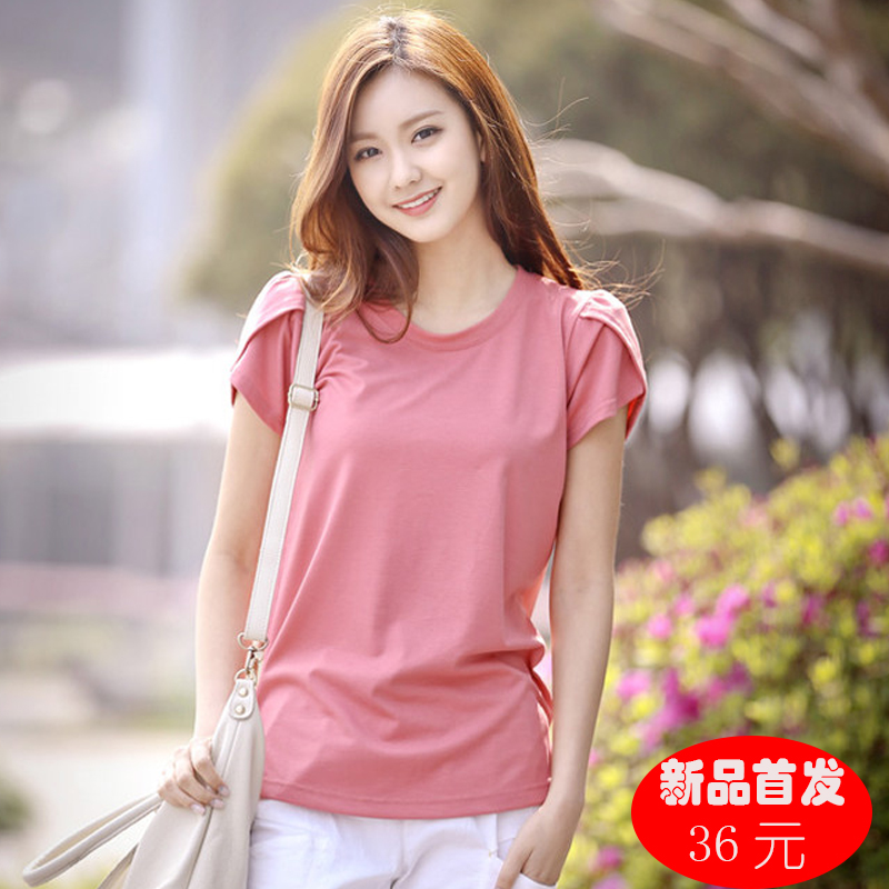 2015夏季新款韩版女装短袖t恤 宽松简约潮时尚纯色花辨袖圆领T恤