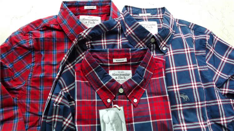剪标出口米国AF2015新款纯棉修身潮男衬衫男青年全棉格子休闲衬衣