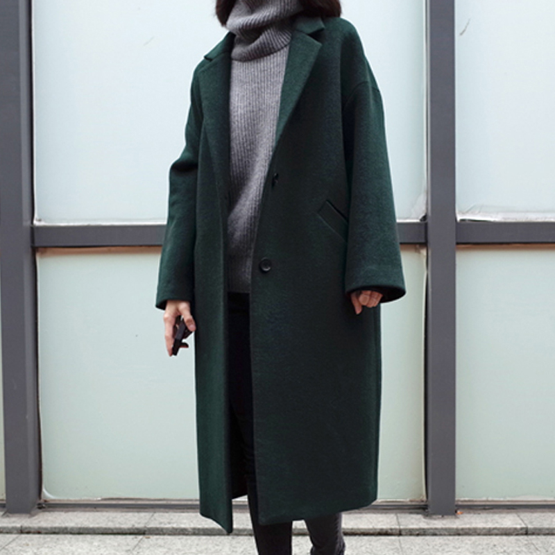 米菲格调2015冬季新品女装韩版加厚加长纯色呢大衣休闲毛呢外套女