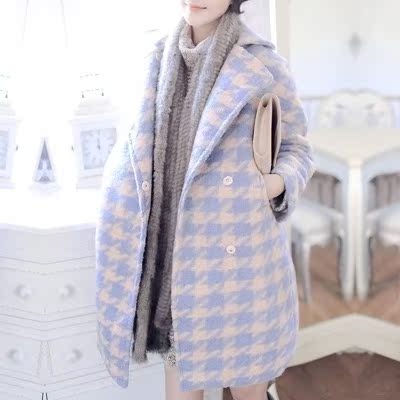 2015韩国代购秋装新款毛呢外套女中长款韩版千鸟格茧型羊毛呢大衣
